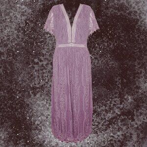 SHORT FLUTTER SLEEVE MAXI LACE DRESS WITH SEE-THROUGH LACE